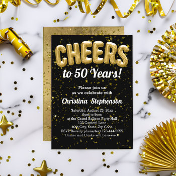 Gold Balloons Cheers To 50 Years 50th Birthday Invitation by CustomInvites at Zazzle