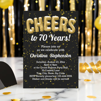 Gold Balloons Cheers To 70 Years 70th Birthday Invitation by CustomInvites at Zazzle