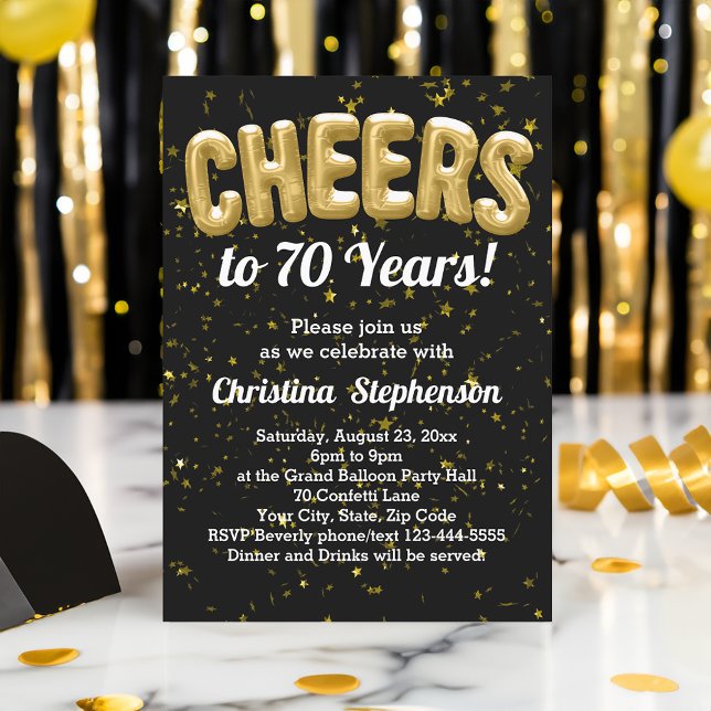 Gold Balloons Cheers to 70 Years 70th Birthday Invitation (cheers to 70 years 70th birthday party invitations)