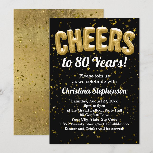 Gold Balloons Cheers to 80 Years 80th Birthday Invitation (Front/Back)