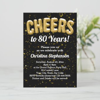 Gold Balloons Cheers to 80 Years 80th Birthday Invitation | Zazzle