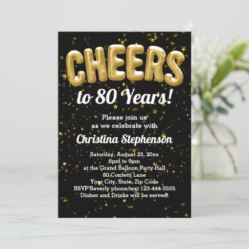 Gold Balloons Cheers to 80 Years 80th Birthday Invitation | Zazzle