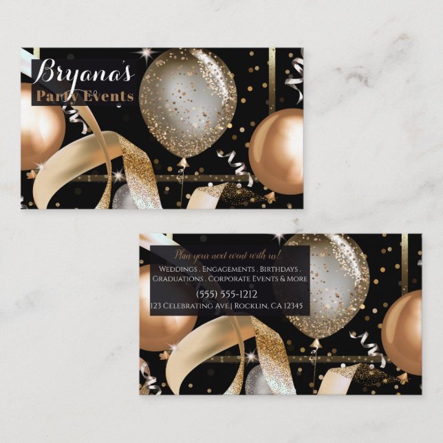Gold Balloons Chic Black Party Event Planner Business Card (Front/Back)