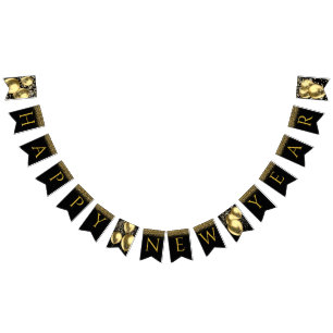 Gold balloons, confetti Happy New Year letters Bunting Flags