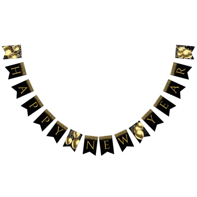 Gold balloons, confetti Happy New Year letters Bunting Flags (All)