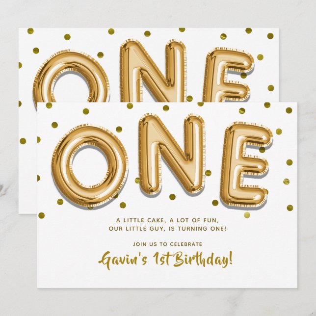 Gold Balloons & Confetti ONE 1st Birthday Party Invitation (Front/Back)
