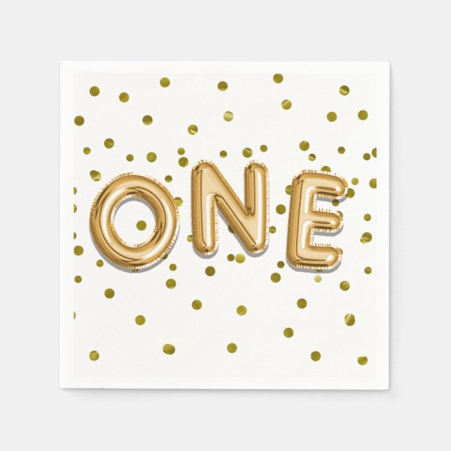 Gold Balloons & Confetti ONE 1st Birthday Party Paper Napkins (Front)