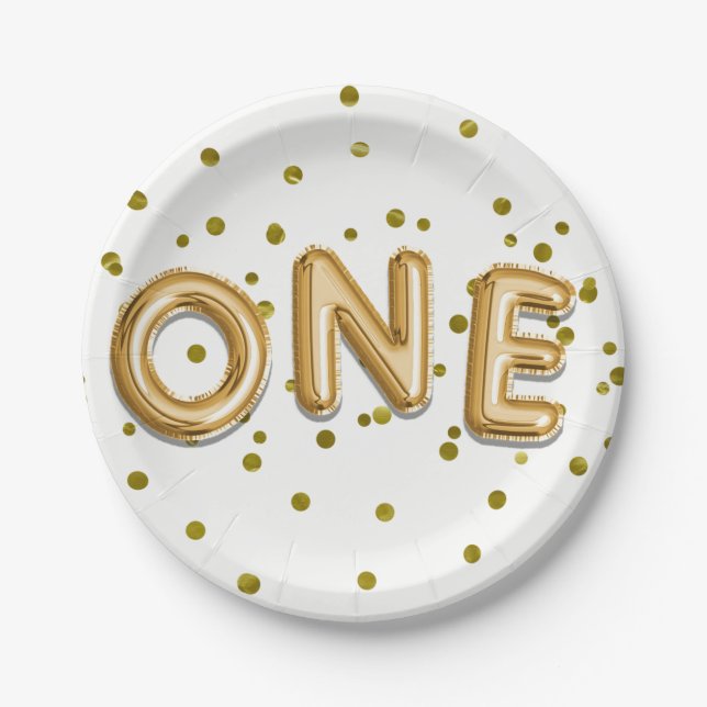 Gold Balloons & Confetti ONE 1st Birthday Party Paper Plates (Front)
