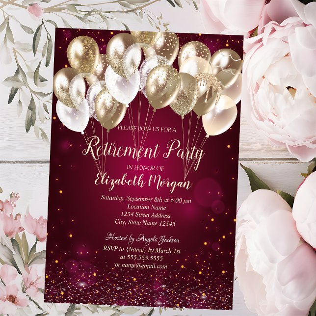 Gold Balloons Dots Red Retirement  Invitation (Creator Uploaded)