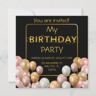 Gold Balloons. Elegant birthday Invitation
