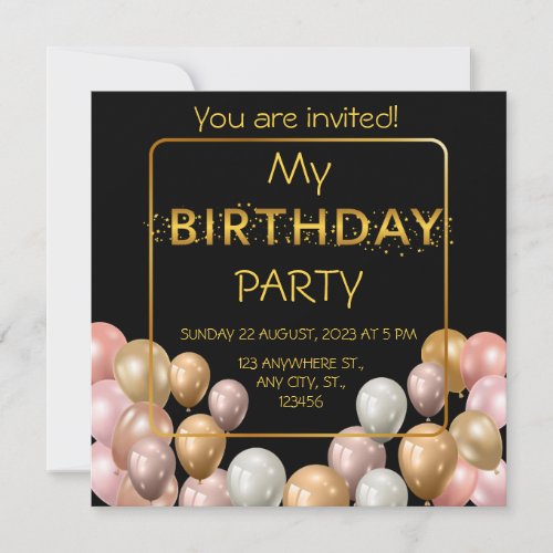 Gold Balloons Elegant birthday Invitation