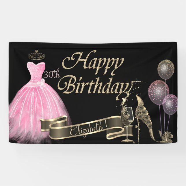 Gold Balloons,Glass,Heel,Chic Dress, Black  Banner (Horizontal)