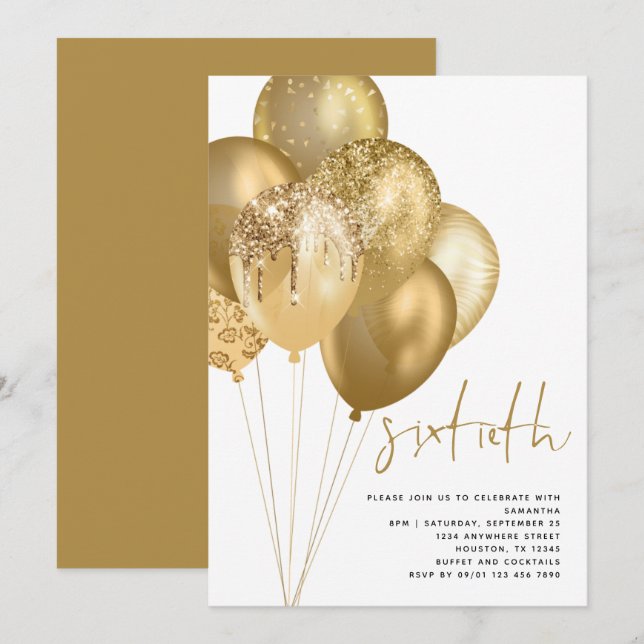 Gold Balloons Glitter 60th Birthday Party Invitation (Front/Back)