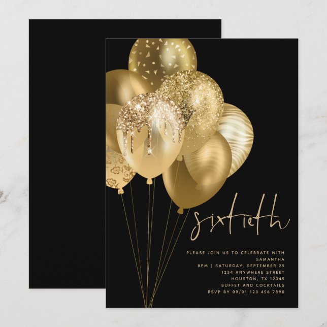 Gold Balloons Glitter Black 60th Birthday Party Invitation (Front/Back)