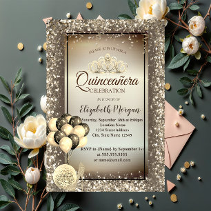 Gold ,Balloons,Heels,Tiara Brown Quinceañera Invitation