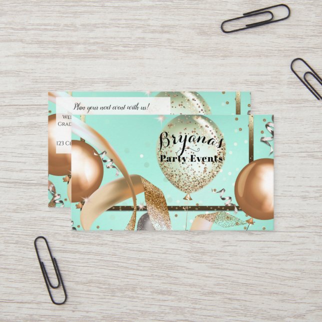 Gold Balloons Mint Turquoise Party Event Planner Business Card (Front/Back In Situ)