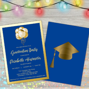 Gold Balloons on Blue Graduate Party Foil Invitation