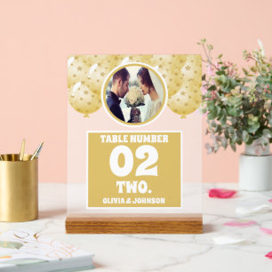 Gold Balloons Photo Wedding Table Number Frosted Acrylic Sign