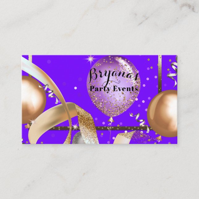 Gold Balloons Purple Party Event Planner Business Card (Front)