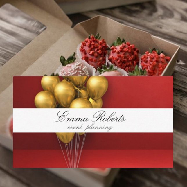 Gold Balloons Red Background Modern Business card (Creator Uploaded)