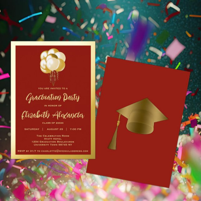 Gold Balloons Red Graduation Party Foil Invitation (Creator Uploaded)