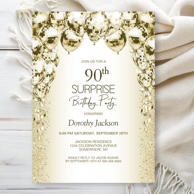 Gold Balloons Surprise 90th Birthday Party Invitation (Creator Uploaded)