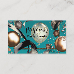 Gold Balloons Teal Turquoise Black Party Planner Business Card