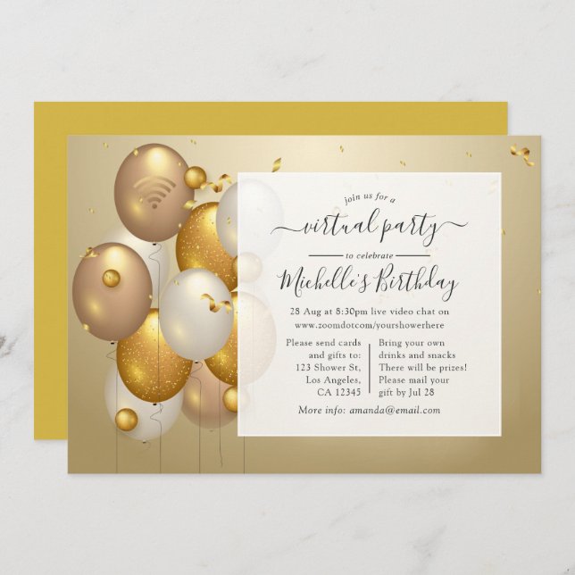 Gold Balloons Virtual Birthday Party Invitation (Front/Back)
