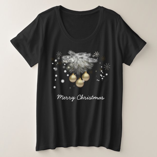 Gold Balls Silver Pine Snowflakes White Christmas Plus Size T-Shirt (Design Front)