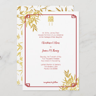 Gold Bamboo Double Happiness Chinese Wedding Invitation