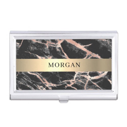 Gold Band Black  Rose Gold Marble Name Business Card Case