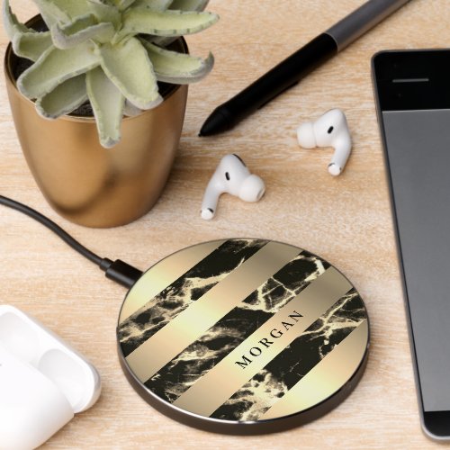 Gold Bands Black  Gold Marble Name Wireless Charger