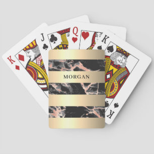 Gold Bands, Black & Rose Gold Marble, Name Poker Cards