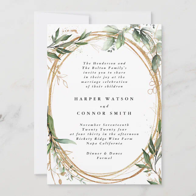 Gold Bands Eucalyptus Elegant Wedding Invitation | Zazzle