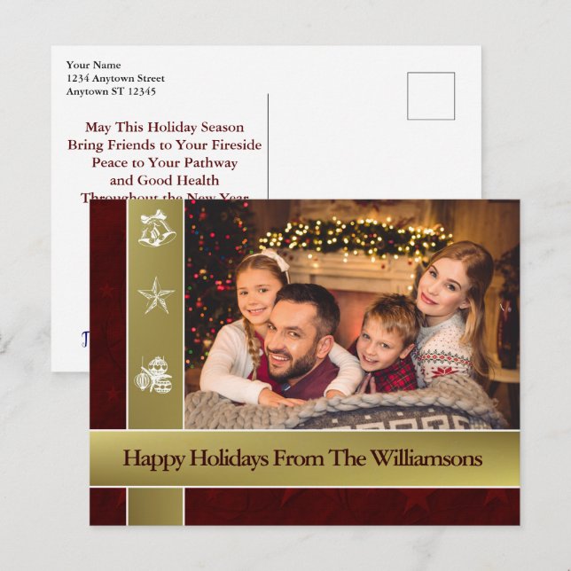 Gold Bands Red Surround Family Photo Holidays Postcard (Front/Back)