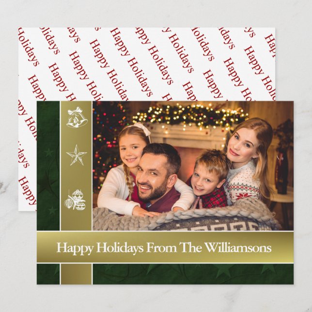 Gold Bands Surround Family Photo Happy Holidays Holiday Card (Front/Back)