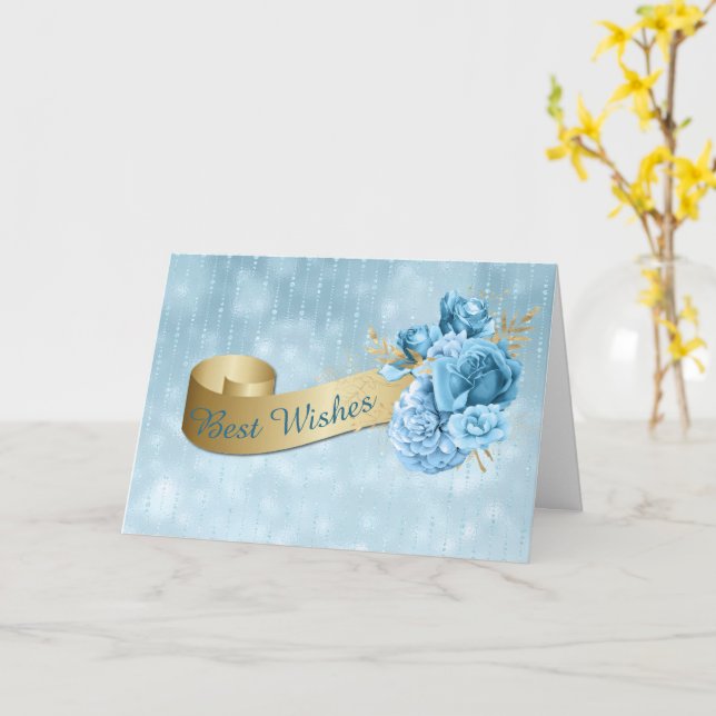 Gold Banner with Blue Flowers Wedding  Card (Yellow Flower)