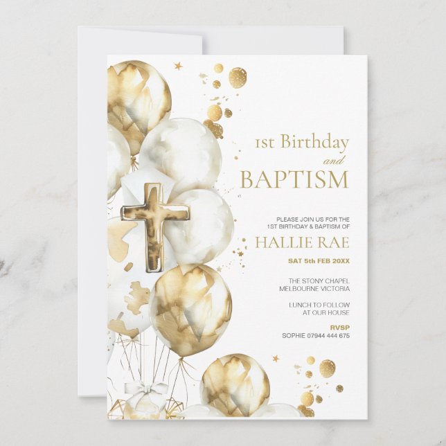 Gold Baptism & 1st Birthday Invitation, Boy, Girl Invitation (Front)