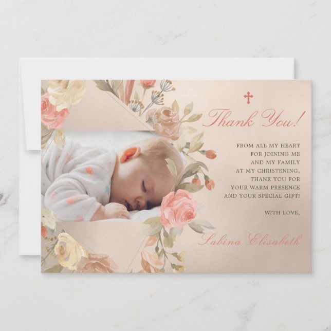 Gold Baptism Christening Baby Roses Garden Photo Thank You Card (Front)
