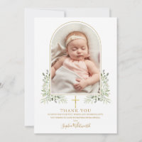 Gold Baptism Christening Greenery Arch Photo Thank You Card