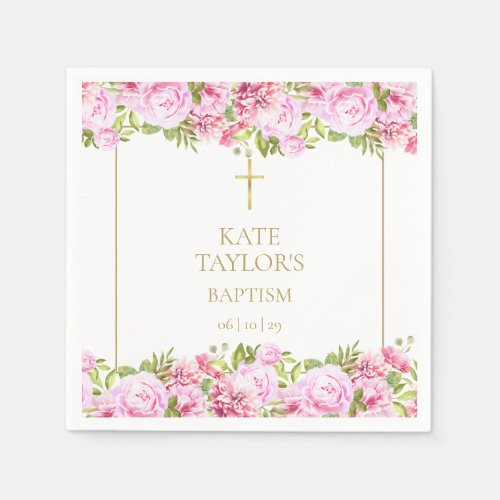 Gold Baptism Christening Pink Roses Floral