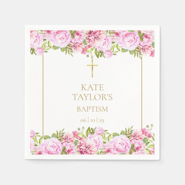 Gold Baptism Christening Pink Roses Floral Napkins (Front)