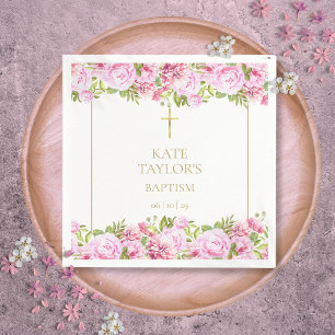 Gold Baptism Christening Pink Roses Floral Napkins