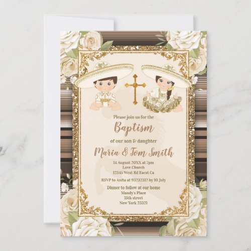 Gold Baptism Fiesta Floral Twin Boy and Girl  Invitation
