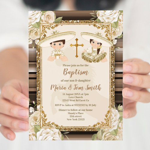 Gold Baptism Fiesta Floral Twin Boy and Girl  Invitation