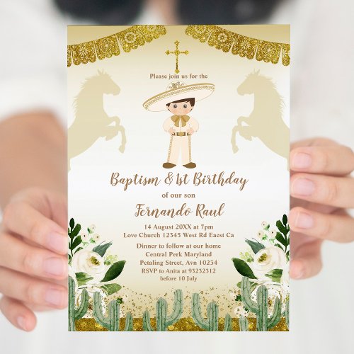  Gold Baptism First Birthday Mexican Floral Invitation