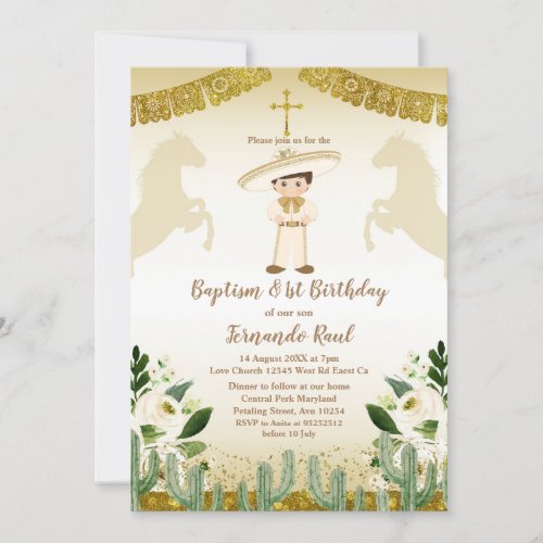  Gold Baptism First Birthday Mexican Floral Invitation