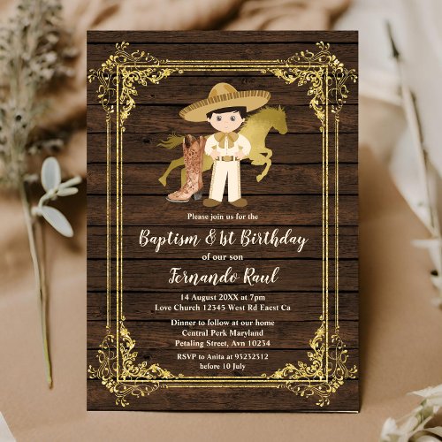  Gold Baptism First Birthday Mexican Rustic Wood Invitation