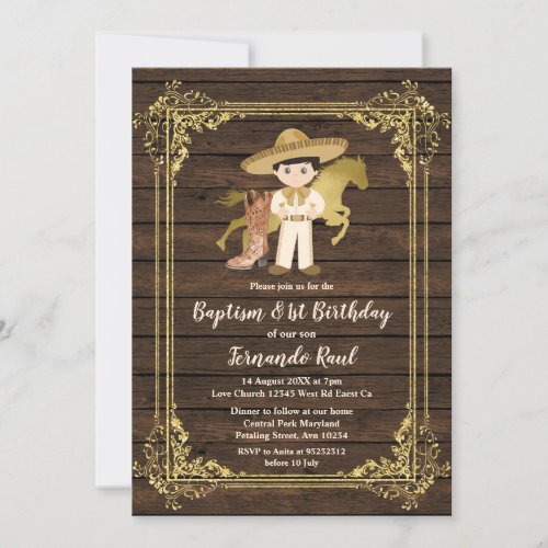  Gold Baptism First Birthday Mexican Rustic Wood Invitation