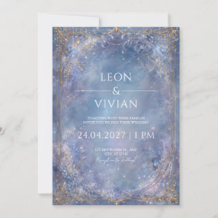 Gold Baroque Celestial Icy Blue Winter Wedding Invitation
